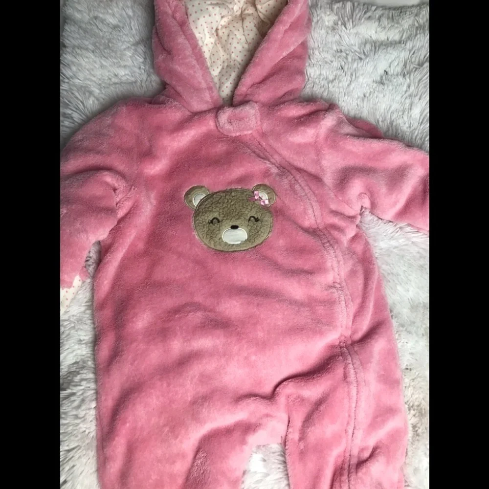 SMALL WONDERS 12M pink faux fur bear bunting suit